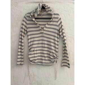 Roxy Womens Striped Long Sleeve Hoodie Knit Top Cream Navy Blue Medium